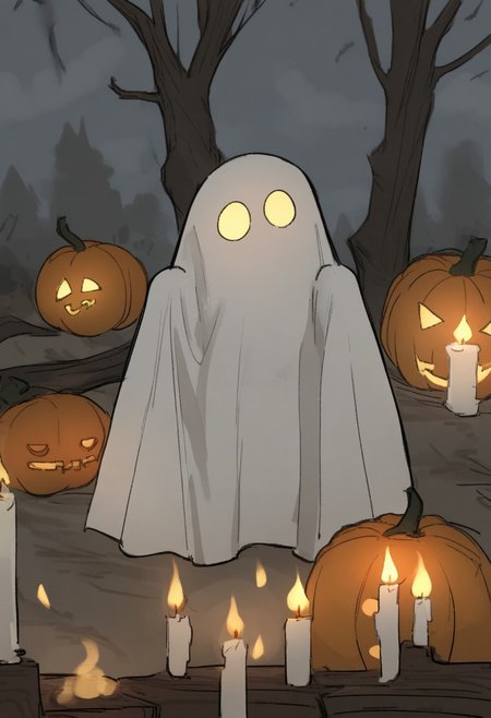 5H33TGH05T, sheet_ghost, 1girl, fishnets, high_heels, covering_face, ghost_costume, spooky trees, dead trees, branches, orange pumpkin, jack_o'lantern, flickering, candle, cloudy,