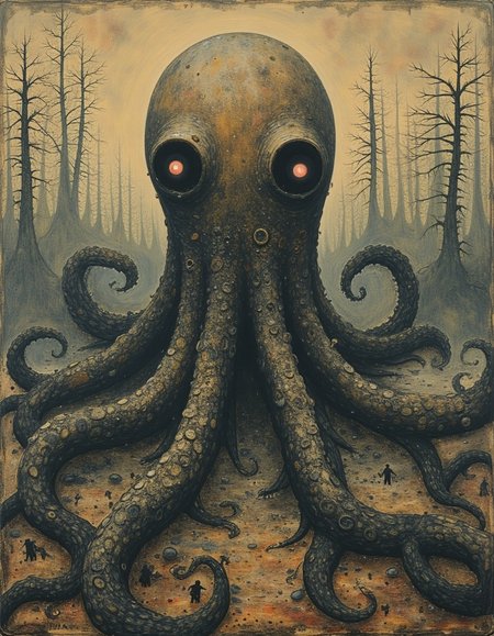 dystopian style K_oilpastel . bleak, post-apocalyptic, somber, dramatic, highly detailed,An eerie, otherworldly octopus-like creature towering over a desolate, post-apocalyptic landscape. The creature's massive head and hypnotic red glowing eyes evoke a sense of unsettling mystery, while its sprawling, coiled tentacles stretch across the barren ground. Tiny human figures surround the creature, dwarfed by its enormous size, emphasizing the scale and menace. The background is a ghostly, pale sky over a forest of twisted, skeletal trees, creating an atmosphere of decay and ruin. The illustration features dark, muted colors and intricate detailing reminiscent of gothic horror and surrealism, evoking a sense of cosmic dread and awe.