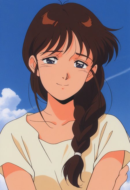 masterpiece, best quality, source_anime,official art,perfect_anatomy,1990s_\(style\),retro_artstyle,1girl,solo,Yu Izumi,brown_hair,long_hair,twin_braid,shirt,looking_at_viewer,shy,smile,upper body,day,blue_sky,cloud,bare