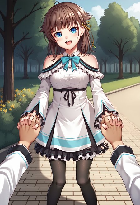 score_9, score_8_up, score_7_up, BREAK, park, holding hands, pov, open mouth, smile, 
<lora:kashiwazakikanav2:0.9>, kashiwazakikana, brown hair, blue eyes, hair ribbon, kanacasual, frilled dress, black pantyhose, shoulder cutout