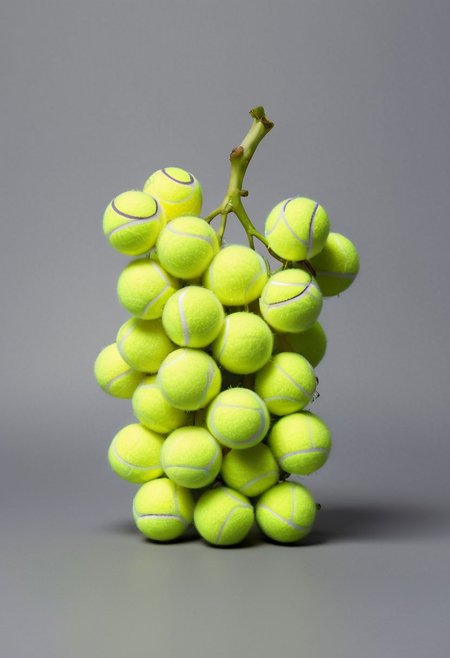 One object, gray background, grapes made out of tennis balls