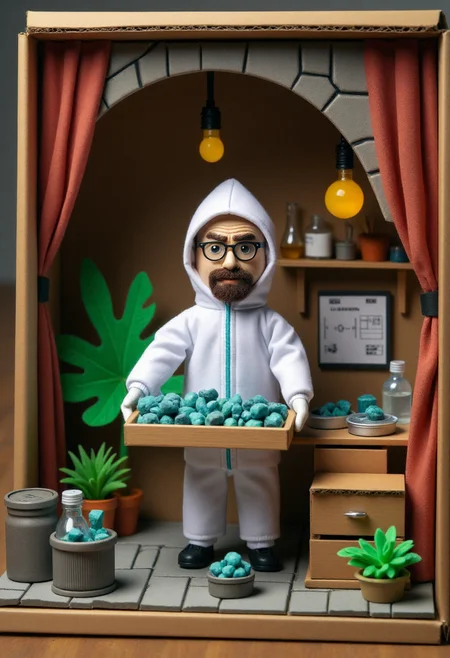 <lora:Finger_Puppet_Theater_FLUX-000013:0.9>
The image is a photograph of a whimsical, handcrafted diorama with a cardboard box set up as a stage,  featuring  Walter White from Breaking Bad in a hazmat suit in and underground laboratory holding a tray full of small blue crystals
