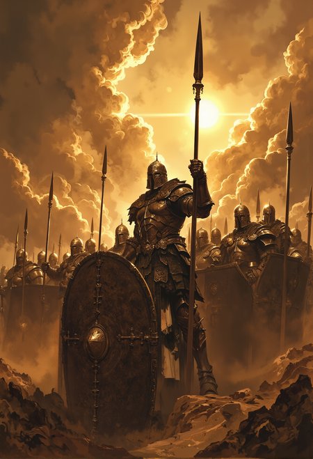 close-up of a high-resolution action scene of a phalanx formation, soldiers standing in a tight line, bracing against the onslaught of a fierce sandstorm. The warriors' massive shields lock together, forming an unbreakable wall of metal as they hold their long spears at the ready. The sandstorm swirls violently around them, grains of sand whipping through the air, obscuring the battlefield and darkening the sky. The sun struggles to break through the thick, swirling clouds of sand, casting only faint, dramatic beams of light that illuminate the soldiers in a golden, dusty glow.  At the front, the commanding officer stands tall, his face half-hidden by the chaos of the storm. He shouts a powerful, rallying war cry, his voice barely cutting through the howling winds, yet still carrying a sense of determination and unity. The soldiers, faces grim behind their visors, hold fast, their shields battered by the storm but unyielding.  The scene is dynamic and tense, with the sandstormâs fury contrasting against the calm, disciplined resolve of the soldiers. The storm rages around them, but the light from the struggling sun highlights the grit, courage, and defiance of the unit, standing strong against both the elements and the impending battle. <lora:FredFraiStyle-FLUX-Share.safetensors:0.33>, <lora:Magic_of_Art_\(FLUX\).safetensors:0.5>, <lora:Elden_Ring_-_Yoshitaka_Amano.safetensors:0.75>,    <lora:aidmaDoubleExposure-v0.1.safetensors:1.0>,