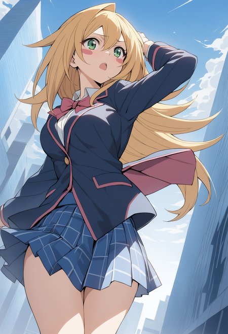 1girl,  <lora:blamagiXLv1:0.7>,blamagi,blonde hair, green eyes, long hair, medium breasts,blush stickers,
blazer, jacket, loafers, pleated skirt, ribbon, school uniform, skirt, sweater,
dutch angle, cowboy shot, looking ahead, serious, skyscraper, open mouth,
masterpiece, best quality,
