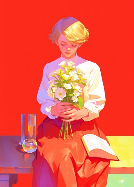 The image is an illustration of a young girl with blonde hair, wearing a white blouse and a red skirt. She is sitting on a wooden bench with a red background. The girl is holding a bouquet of white flowers in her hands and is looking off to the side with a peaceful expression on her face. On the bench, there are two glass vases, a book, and a cup of tea. The overall mood of the image is romantic and dreamy.

a digital semi-realistic style image.

it is a vibrant, dreamy, whimsical and clear masterpiece full of details and high quality creating a serene and peaceful scene with ethereal light.
