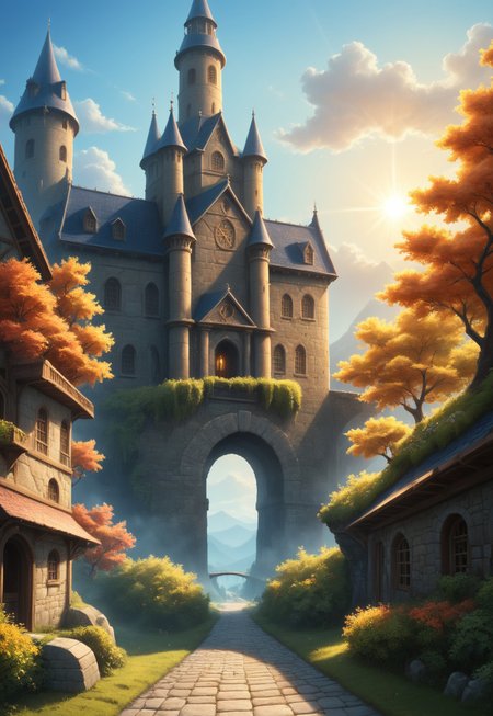 A highly detailed, fantastic digital painting in a medieval fantasy style. The scene depicts a sprawling, ancient medieval city with intricate stone architecture, set in a lush, sunlit valley. The city features tall, pointed towers, archways, and battlements, adorned with ornate carvings and intricate stonework.

The city's grand entrance is flanked by massive wooden gates, reinforced with iron and adorned with elaborate carvings. The cobblestone streets are bustling with activity, where knights in gleaming armor patrol, and merchants sell their wares in colorful market stalls.

The surrounding landscape is verdant and enchanting, with rolling hills, dense forests, and a sparkling river. Magical elements, such as glowing lanterns and mystical creatures, add to the ethereal atmosphere.

The entire scene is bathed in a warm, golden light, casting long shadows and highlighting the rich textures and vibrant colors of the environment.
<lora:add-detail-xl:1>
 <lora:Dynamic Poses:1>
