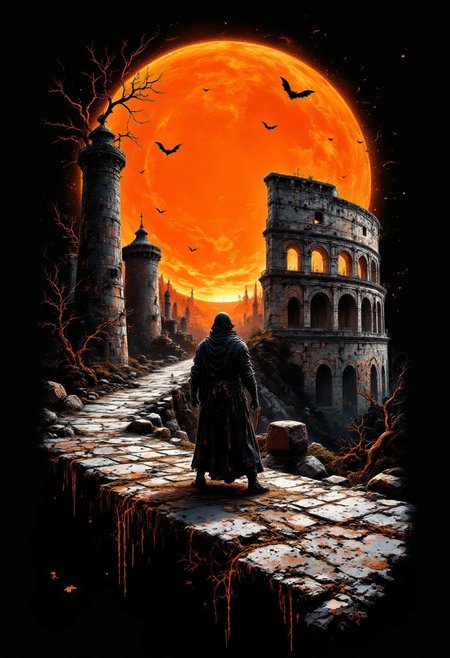 A graphic illustration, black and white, of a gladiator in a colloseum and a brilliant orange Sun, Halloween Theme. d1eselc0re  gl1tchc0re aidmasoftglow