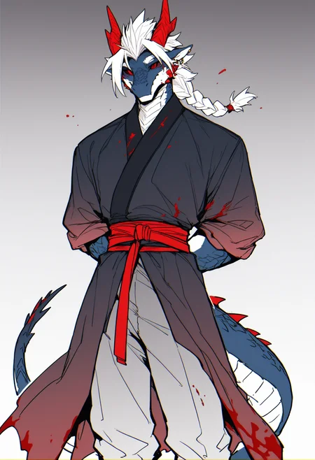 masterpiece,best quality,<lora:p65fn-RASF-000050:1> ,chromatic aberration, line art, 
p65fn, dragon boy, horns, 1boy, furry male, tail, dragon tail, furry, male focus, dragon horns, braid, arms behind back, solo, white background, white hair, simple background, red eyes, colored sclera, scales, colored skin, braided ponytail, blood on clothes, single braid, red belt, ear piercing, pants, looking at viewer, piercing, red horns, feet out of frame,hanfu, muscular, gradient clothes,dark clothing,