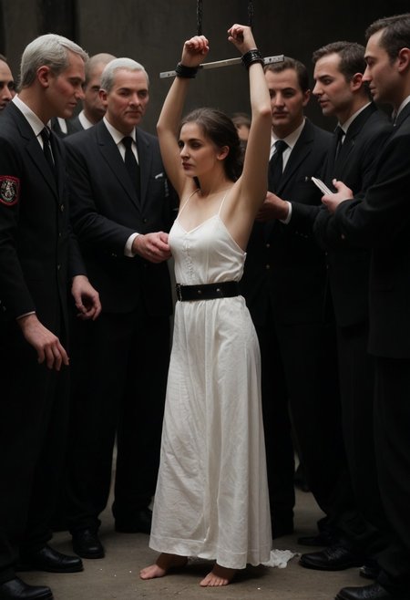 Realistic, documentary, BDSM photography, A woman is being held back by several men who are gripping her arms, possibly pinning them behind her, preventing her from resisting, A few men physically restrain a woman, holding her arms,  behind her back, making it impossible for her to defend herself, rendered in yperrealistic photo, with extremely high-resolution details, full body shot.