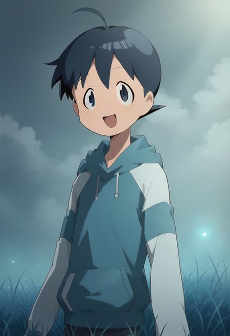 score_9, score_8_up, score_7_up, source_anime, 1boy, solo, fuyuki hinata, dark blue hair,  short hair, dark blue eyes, ahoge, smile, open mouth, hood, hoodie, long sleeves, Cornfield abduction, Spectral lights, A hovering spaceship, outdoors
<lora:AlienAbduction01-00_CE_SDXL_64x32x120x2bOT:1> alnabdctnCE style