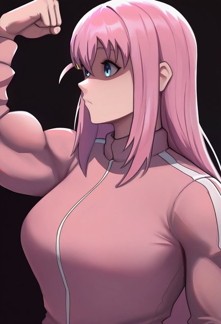 1girl, solo, gotoh hitori, muscular female, long sleeves, pink jacket, portrait, black background, simple background, pink hair, blue eyes, flexing, 
masterpiece, best quality, <lora:fluffydus-guy90-Illust-Lycorisv1:1> sudulf