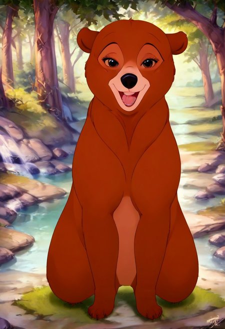 Bear, cartoon, female, Nita, Disney, 2d, detailed forest background, bipedal, full body, <lora:J_cartoon:0.7>, j_cartoon, <lora:MeekoXL:0.9>, Disney, score_9, score_8_up, score_8, solo, (feral), detailed fur, ((happy expression)), ((looking at viewer seductively:1.6)), breathtaking, environmental lighting, professional, highly detailed, ((detailed shaders)), beautiful, high quality, night-time, outdoors, dark forest, <lora:Furtastic_Detailer:1>
