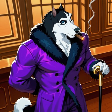 8k, uncensored, masterpiece, best quality, highly detailed, realistic, 1boy, solo, SteeleBT, furry, anthro, canine, dog, husky, blue eyes, back pupils, black nose, black body, black fur, white body, white fur, two tone body, two tone fur, medium tail, (muscular male, fully clothed, pimp, purple coat, fur coat, fur trim, long coat, purple pants, holding gold cane, close-up, dutch angle), upper body, (standing), (looking at viewer, indoors, bar, club, 5 fingers, black claws) front view, detailed background, hand behind back, face focus, high-angle view, dark-blue eyeshadow, (cigar in mouth, smoking)