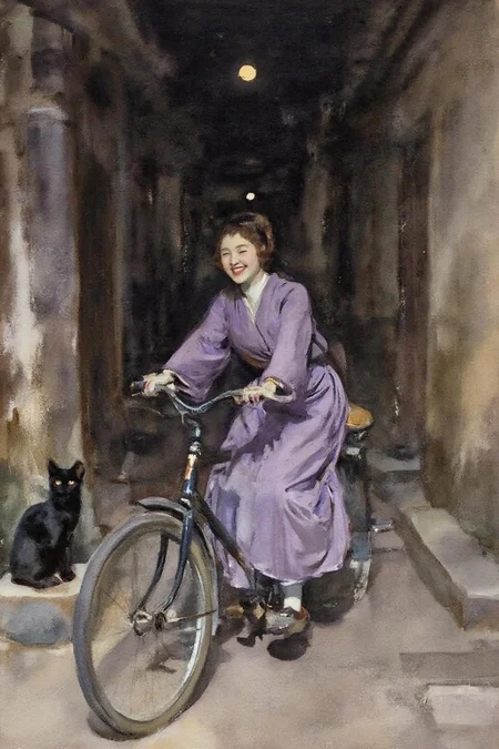 johnsingersargent3 painting. 
A Japanese school girl riding a old style bicycle through a narrow, quiet street at night. The happy woman wears a simple, flowing purple dress. In the corner, a small black cat with piercing eyes sits watching her quietly. The mood is tranquil and slightly magical. <lora:johnsingersargent3_cap_d8a4e12:1.0><lora:859975893508954411:0>