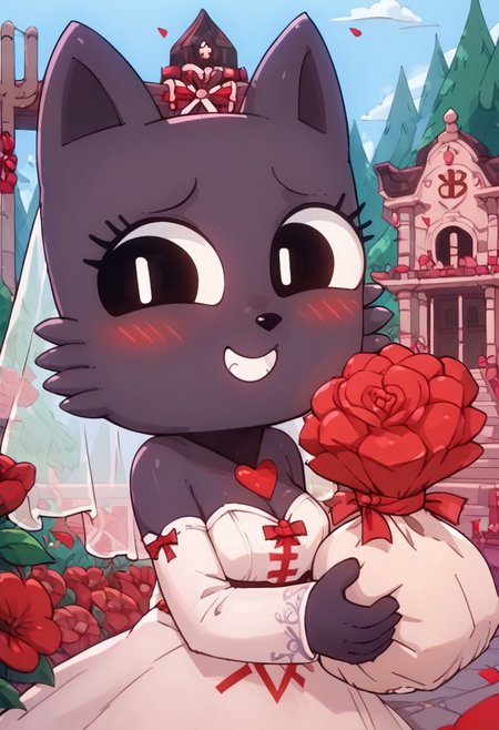 score_9, score_8_up, score_7_up, 1man,
1girl, beautiful face, petite, 20yo male, 
score_9, score_8_up, score_7_up, BREAK, 1girl, ruri, smile, happy, blushing, standing, medium breasts,  cat, grey body, wedding dress, black eyes, white pupils, vertical pupils, solo, looking at viewer, cute, paws, solo, holding red flowers, wedding temple background, valentine day, heart.
