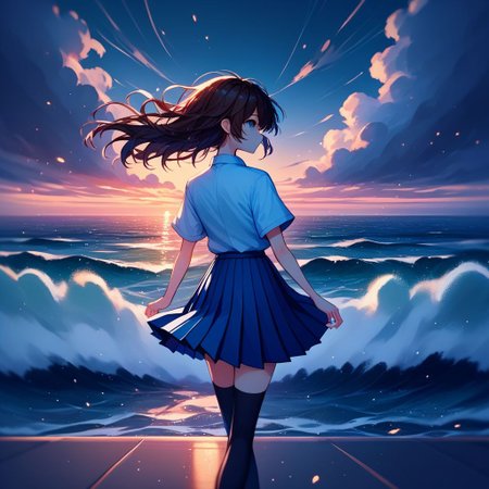 sea embankment, panoramic cityscape megalopolis,  dystopian, wind, brunette, short twintails, sidelocks, shiny hair, floating hair, collared shirt, short sleeves, pleated skirt, thighhighs, looking back, cloudy sky, sunset, dust, fog, blue theme, white theme, adorable, yuri, 1girl, solo, delicate style, raytracing, light particles, volumetric lighting, dynamical pose angle, motion composition, moody colors  ,  <lora:dalle3:1> score_9, score_8_up, score_7_up, score_6_up, score_5_up, score_4_up, source_anime