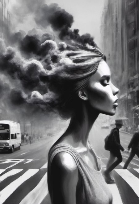 Fantasy artwork. Profile of a woman walking across the street at zebra crossing.  Black Smoke coming out of her head.