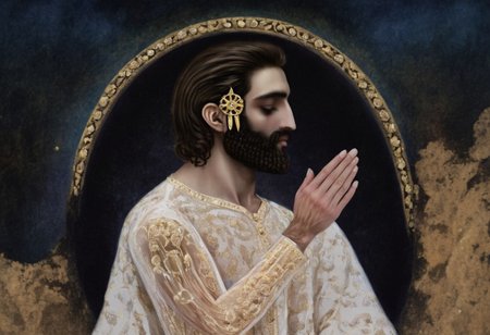 moon cycle arches above Cyrus the great in a long white dress, gold scrollwork, novuschroma style