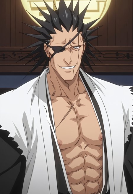 safe_pos, safe_pos, score_9, score_8_up, rating_nsfw, ultra hd, absurdres, best quality, ultra quality, masterpiece, masculine, solo, 1boy, male focus, best anatomy, best eyes, detailed eyes, best hands, sexiest man alive, erotic, gay porn, hand with five fingers, mature male, anime screencap

BleachKenpachi, anime screencap, scar, spiked hair, eyepatch, Japanese clothes, detailed background, half body angle, half body, view from away, looking at viewer, flirty smile, Expressiveh, nipples, nipple peak