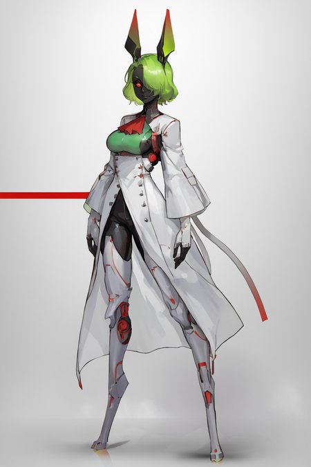 score_9, score_8_up, score_7_up, score_6_up, score_5_up, score_4_up, BREAK, source_anime, solo, 1girl, rating_safe, ((mature female)), ((long green flowing hair)), mechanical parts, (big backwards folded mechanical rabbit ears), mature female, (bunny ears), (animal ears), subdermal port, ((milf, mature female, big breasts)), hexagon lines in skin, naval uniform overcoat, naval uniform, white military uniform, dress_uniform, ribbons, ((red eyes)), bunny tail, rabbit tail, aiguillette, ((green hair)), ascot, ((Ground level (from the side) view Extreme Close shot (focus on legs))), latex pilot suit, shoulder cutout, bunny rabbit Tail, ((hair over one eye, )), digitigrade, clawed feet, minimal clothes, ((metal skin, shiny skin, vampire aesthetic, digital eyes, filled eyes, monochromatic eyes, glowing eyes, colored sclera, red sclera, mechanical eyes, partially shaded face, )), <lora:ECHANIS:1>,  <lora:IncaseLycoXL:1>