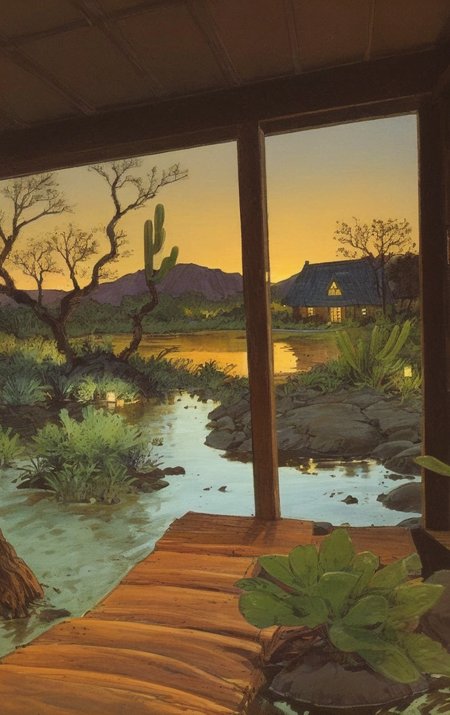 artwork <lora:Moebius:1>, outside, Extreme Close Up,,desert oasis cottage in wetland biome, evening
