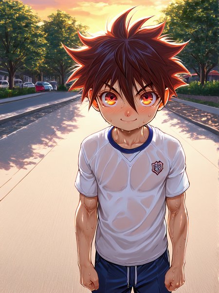smile,happy, score_9, score_8_up,  score_8, score_7_up, BREAK
1boy,(muscular male:1.0),
 ((8k,best quality,masterpiece, ultra-detailed, amazing quality, very aesthetic, illustration, perfect composition, intricate details, absurdres, incredibly absurdres:1.2)),source_anime,deep skin, perfect face, perfect eyes,((extremely detailed eyes,extremely detailed face:1.6)),shiny skin, oiled skin,
,(sweat:1.0),
solo focus,pov,looking at viewer,
male focus,
standing,cowboy shot,looking at viewer,
in the park,
matsuena_shun,
 <lora:matsuena_shun_style_il:0.8>