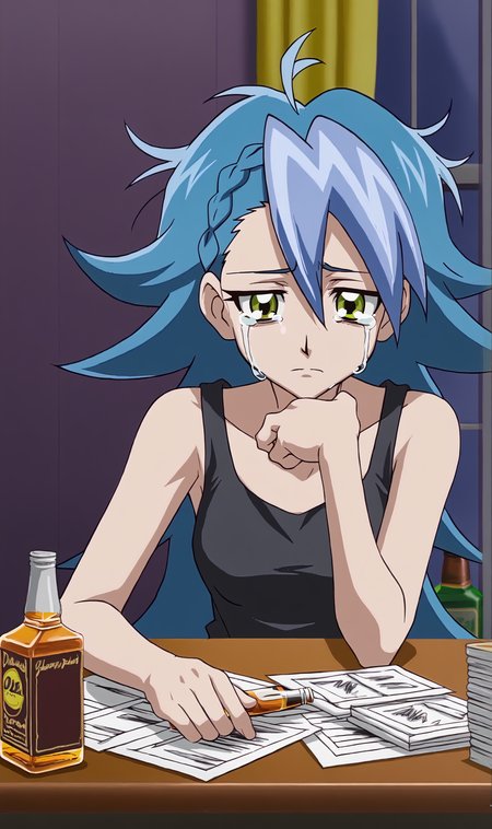 BW, 1girl, solo, blue hair, messy hair, tired, green eyes, sitting, black tank top, elbows on table, crying, holding divorce papers, whiskey bottle on table, dark room, window, dark shadows,<lora:Brooke Walker Pony XL:0.75>
