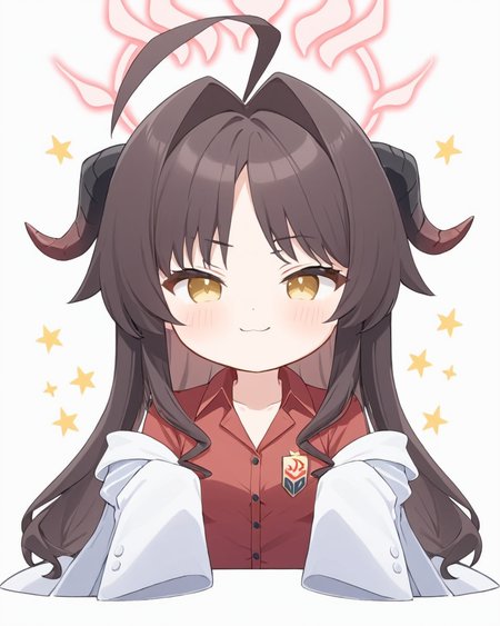 kasumi \(blue archive\),1girl, horns, solo, red_shirt, hair_intakes, ahoge, white_background, collared_shirt, facing_viewer, sparkle, simple_background, halo, upper_body, blush, long_sleeves, sleeves_past_fingers, :3, open_clothes, smile, chibi, white_coat
<lora:kasumi_(blue_archive)_image244_batch3_v1:1>,halo,. gorgeous,key visual, vibrant, studio anime,award-winning, professional, highly detailed,high budget, cinemascope