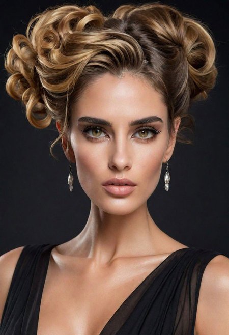 A detailed portrait of a young woman exuding elegance and natural grace. She has a voluminous updo hairstyle with wisps of hair tenderly framing her face. Her hazel eyes are accentuated by tasteful makeup, s. She wears a high-necked black top, suggesting a blend of casual refinement. The lighting should illuminate her face against a subdued background, emphasizing her calm and confident expression. High Fashion, dynamic, dramatic, elegant, High fashion supermodel, avant garde style
fFaceDetaile