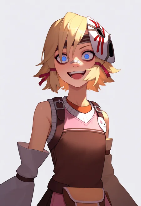 masterpiece, best quality, very aesthetic, absurdres,
1girl, tinytina, blonde hair, short hair, blue eyes, mask on head, bandaid on nose,
apron, detached sleeves, pants, 
crazy smile,
upper body, standing, looking at viewer, solo, simple background, white background  <lora:TinyTinaNoobXL_byKonan:1>