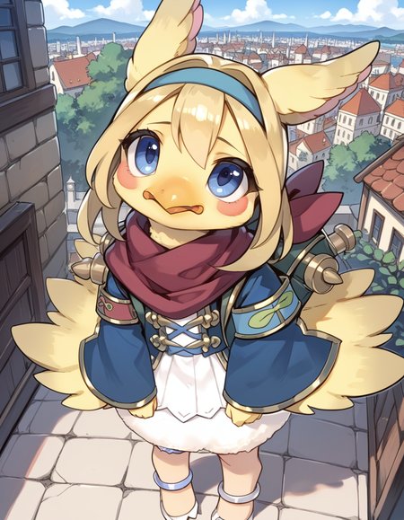 (score_9:0.9),score_8_up,score_7_up,rating_safe,anime_style,(zPDXL3),(zPDXL),
<lora:Filo, Messenger Fur Hire ponyXL v1.1:0.9>,
filo messenger fur hire,solo,1girl,full body,blush stickers,standing,cyan hairband,silver anklet,sidelocks,looking up,open mouth,blush,barefoot,red scarf,looking at viewer,bird girl,green backpack,blue jacket,bottomless,beak,feathered wings, castle, city, ?