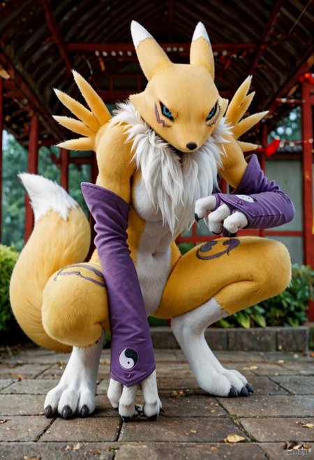 score_9, score_8_up, score_7_up, score_6_up, score_5_up, score_4_up, BREAK, renamon, digimon (creature), furry, fox ears, black sclera, blue eyes, white fur, yellow fur, body fur, gloves, black claws, fox tail, ninja pose, crouching, arched back