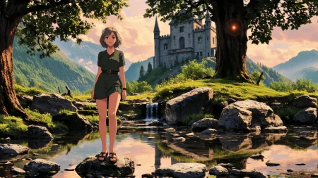 Austrian afro gray hair (young woman), (druid:1.2), anime, illustration, (extremely detailed), (portrait), (standing:1.2), (happy smile), flower in hair, glossy lipstick, celtic necklace, rope earrings, loincloth, (sandals),  Military Green (druid short dress), (legs), heels, (sharp focus),  fantasy, (beautiful celtic landscape:0.9), (small rock:0.9), (moss:0.4), (ripples, reflections:0.8), celtic  castle, (small river small pond:0.5), druid forest, (druid village:1.2), (stunning nature environment:0.8), (enchanted land:0.5), clovers, (Yellow Green flowers:0.9), leaves,bright (sunny sky), (sunset:0.3), best quality, colorful, wet floor, raytracing, hdr, high contrast, ethereal natural lights, backlight, (lens flare:0.4), shadows, (vibrant colors, colorful):0.6, pretty, beautiful, happy, smiling, feminine, sexy, lovely, in love, adorable, fashion,  <lora:Hand v2:1> <lora:Anti-Blur:1> <lora:RetroAnimeFluxV1:0.4> <lora:Luminous_Shadowscape:0.4>  <lora:SujatmikoArafuru_Flux:0.2> Suzume style
