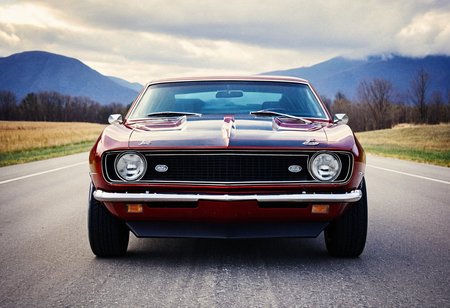VintageMuscleCar Chevrolet Camaro, front view, road, landscape, 4K, highly detailed, intricate clouds, (gleaming stylish grainy analog film photo 35mm)