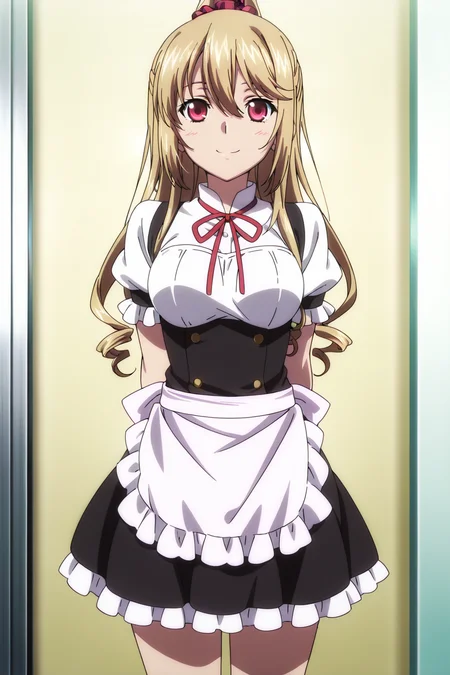 anime screenshot, strike the blood, 1girl, solo, aiba asagi, blonde hair, long hair, drill hair, ponytail, high ponytail, hair scrunchie, red scrunchie, hairclip, red eyes, medium breasts, maid, black dress, white dress, two-tone dress, frilled dress, short sleeves, puffy sleeves, puffy short sleeves, frilled sleeves, white apron, waist apron, red ribbon, neck ribbon, looking at viewer, smile, arms behind back, cowboy shot, indoors, masterpiece, best quality, high quality, highres, absurdres,  <lora:aiba_asagi_ILXL:0.9>