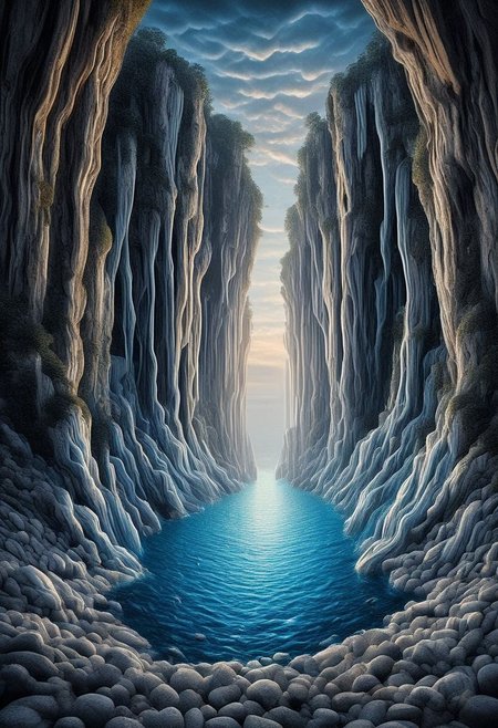 "Create a hyper-realistic photographic image illustrating a surreal and imaginary scene that integrates elements of water. Picture a colossal waterfall cascading from the sky, merging with a tranquil ocean that has floating islands made of translucent crystals. From the depths of the water emerges a giant, glowing jellyfish, its tentacles weaving through the air, casting iridescent lights. The scene should blend the fluidity of water with otherworldly, dreamlike elements, adding an ethereal, magical atmosphere. The image should have high contrast, vibrant colors, and be shot with a wide-angle lens to capture the grandeur of the scene. Style it with a mix of fantasy and realism, emphasizing the reflections and ripples in the water."