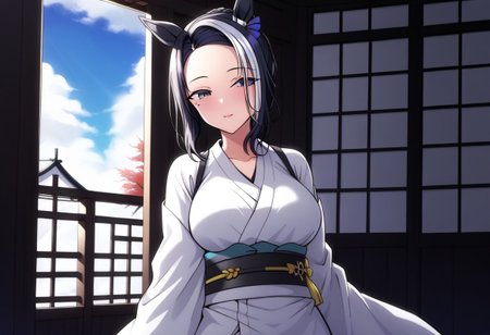 18 years old ,women,solo,1girl,nsfw,
rmnsd, horse girl, multicolored hair, streaked hair, ear ornament, mole under eye saimin.il,
saimin, tsubaki,  white clothes, white kimono, 
clothed girl, kimono,