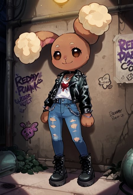 masterpiece, best quality, no humans, smile,    [Punk Urban Underground], zzBuneary, brown hair, fluffy ears, round eyes, fur details, 1girl, solo, studded leather jacket, ripped jeans, chains, combat boots, punk jewelry, dark alley, graffiti, dim lighting, rebellious attitude â zzBuneary leans against the corner of a dark alley, her combat boots planted firmly on the ground. Her studded leather jacket and ripped jeans reflect the rebellious spirit of the underground punk scene. Graffiti tags cover the walls around her, and a single flickering light casts long shadows over her, highlighting her determined gaze. Her fluffy ears twitch, ready for whatever challenge the night throws her way.  <lora:BunearyPokedex_IXL:1.0>,  C0utur3Cr4z3, <lora:CoutureCraze_IXL:0.6>,