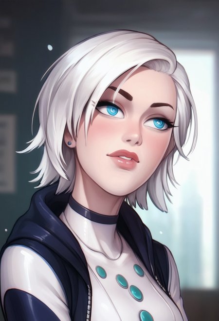 score_9, score_8_up, score_7_up, score_6_up, PRSNL_3_1, uncensored, pupils black dots, lips,
upper body, 
MKFrost, 1girl, white hair, blue eyes, short hair, bodysuit