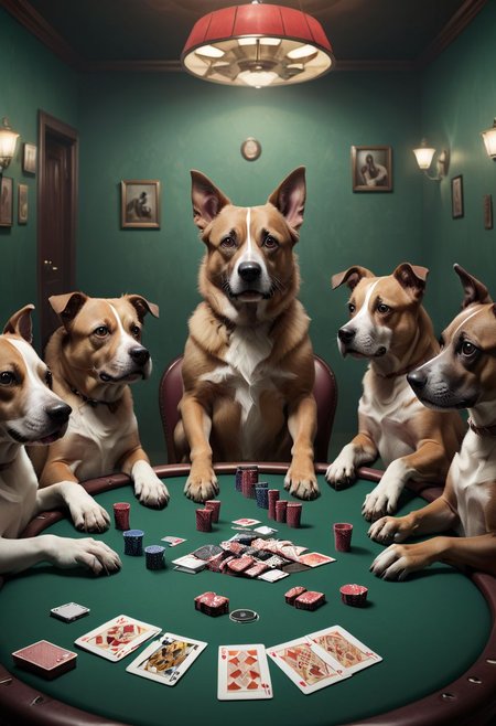 A surreal mind image of dogs playing at a poker table