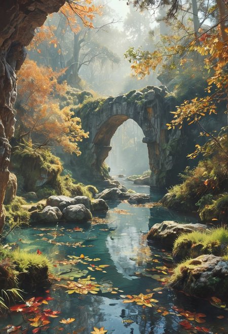 in the dappled light of early morning, mystical atmosphere, light fog and sunbeams, view at a hidden forest pool from within an ancient stone grotto, through a wide archway, a towering pine tree with emerald needles leaning over the water, autumn leaves scattered around the pool and floating gently, far away a mysterious island, romantic impressionism, magical scenery art, beautiful oil matte painting, romantic, beautiful digital painting, anime landscape
, romantic painting, droneamlike digital painting, colorful painting, thick brushstrokes characteristic, rough stroke,  beautiful gorgeous digital art, style Karol Bok, Brian Froud, Wendy Froud, Guy Davis, Sergio Sandoval