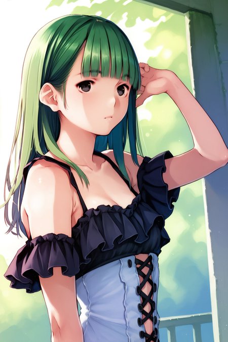 score_9, score_8_up, score_7_up, 1girl, :>, light_green hair, fringed_bangs, black eyes, small breasts, arm_up,  day <lora:mino_tarou_loveplus_PonyXL_style_v01:1>