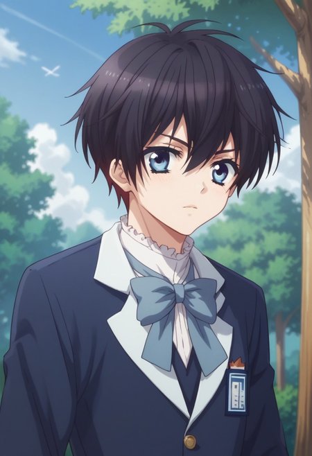 score_9, score_8_up, score_7_up, source_anime, highly detailed, 
kazuo, solo, blue eyes, school uniform, bowtie, 1boy, male focus, black hair, shorts, upper body, short hair, 
outdoor, blue sky, tree