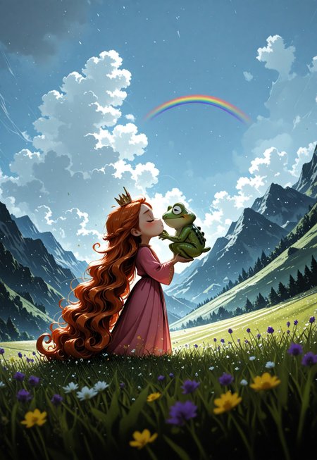 1girl, solo, princess, grumpy, crown, ginger hair, very long hair, curly hair, holding, holding frog, frog prince, imminent kiss, general, meadow, outdoors, lakeside, mountains, blue sky, cloudy sky, rain, sunshine, rainbow,  from side, depth of field, photo \(medium\), scenery, volumetric lighting, masterpiece, best quality, good quality, very awa, very aesthetic, absurdres, newest, opill