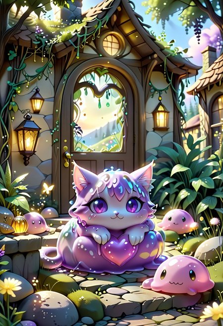 Sl1m3d, masterpiece, highest quality, cute, whimsical,  Adorable purple slime-morph-kitten, sitting on a fantasy cottage doorstep. Large round eyes (golden-green) locked onto viewer, head slightly tilted, ears perked. Soft dawn light, glowing dandelion fluff drifting around. whimsical vines framing the scene. Pastel palette: lavender sky, mossy stones, warm wooden door. Heart-melting cuteness, magical-comfy vibes