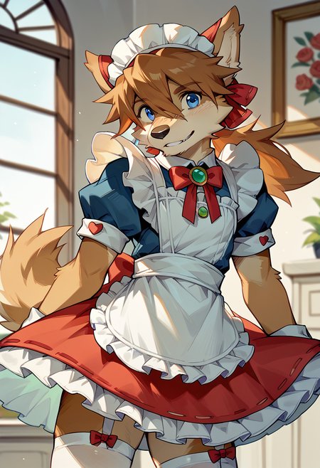score_9, score_8_up, score_7_up, high res, best quality, red_savarin_solatorobo, furry, solo, 1boy, blue eyes, brown hair, stockings, cute dress, maid headwear, <lora:Red_Savarin_Solatorobo:1>