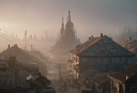 epic but calm scenery, Chiaroscuro Lighting Style, cinematic show particles in the foreground, detailxl, (smart depth of field), futuristic buildings along with the old houses, spacious, foggy morning