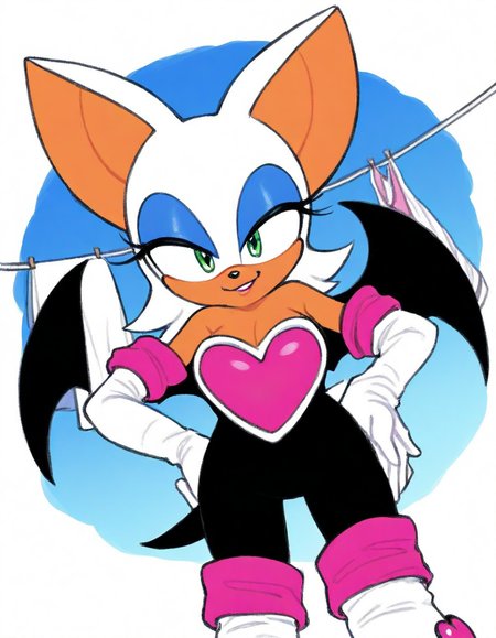 , <lora:rouge-the-bat-illustriousxl-lora-nochekaiser:1>, rouge, animal ears, bat ears, bat girl, bat tail, bat wings, eyeliner, furry, furry female, green eyes, makeup, tail, white hair, wings, eyeshadow,, bare shoulders, boots, elbow gloves, gloves, heart, knee boots, white footwear, white gloves,, laundry day, clothesline, drying clothes, domestic life, fresh air, blue sky, , smug, hand on hips,, looking at viewer, solo,, dutch angle, cowboy shot