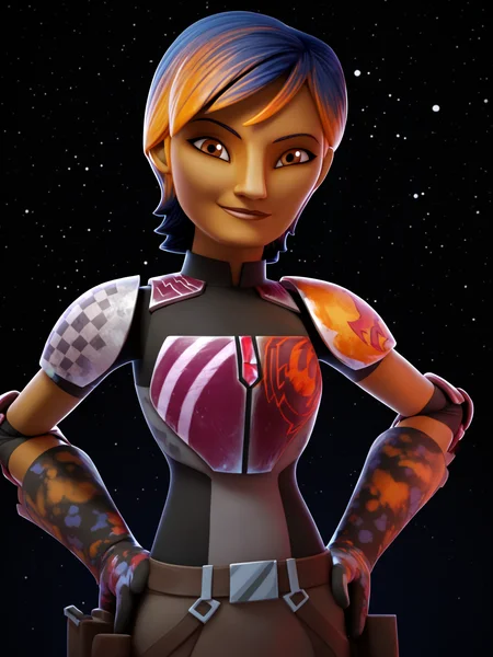 score_9, score_8_up, score_7_up, uncensored BREAK
blender,3D BREAK
1girl, sabinewren, short hair, multicolored hair, brown eyes, armor, dark skin, shoulder pads
hands on hips, looking at viewer,
smile, dark background, simple background, particles, bokeh,
black background,starry background,galaxy background,dark,contrast
<lora:Randommaxx_dark_offset_v1.1_lora_fp16:1>
<lora:fugtrup-guy-PONYv101:1>    <lora:SabineWrenXL:1>
