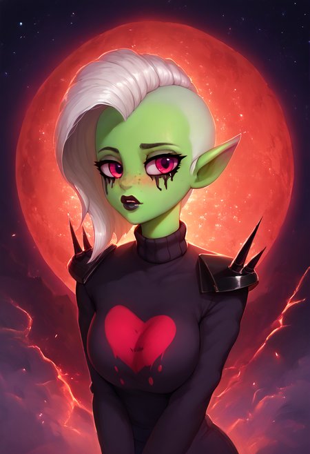 zPDXL, score_9,score_8_up,score_7_up,_up,source_cartoon, best quality, amazing quality, masterpiece, 1girl, looking at viewer, solo, blush, black lips, <lora:LordDominator3D:0.8>, lord dominator wo!262, green skin, breasts, white hair, pink eyes, freckles, no nose, pointy ears, dark forest, night, red moon, stars at the sky, wallpaper, beautiful nature, beautiful background, clevage,sweater, large breast,  photonoko,  <lora:Photonoko:1>, Expressiveh, good_hands, <lora:Expressive_H:0.8>, <lora:Detail_Slider_v1.4_iteration_3:4>, <lora:pony_good_hands:0.8>